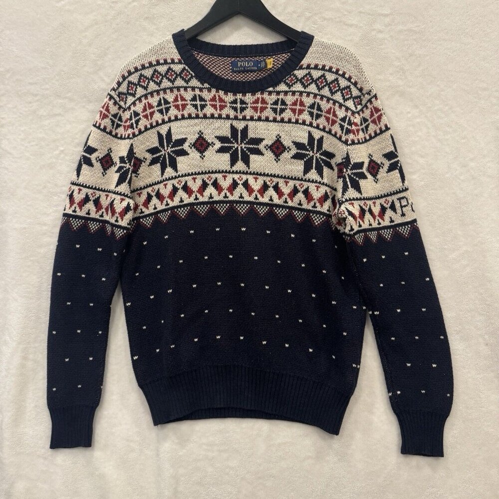 Polo Ralph Lauren Men Cotton Snowflake Fair Isle Print Pullover Sweater Size M